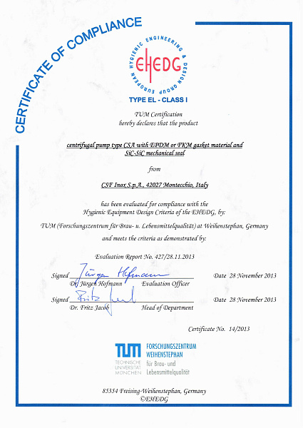 Сертификат EHEDG на насос серии CSA CSF Inox